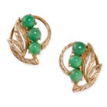 A PAIR OF CARVED JADEITE JADE EARRINGS in yellow gold, each set with a circular jadeite cabochon