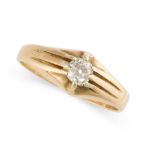 AN ANTIQUE VICTORIAN SOLITAIRE DIAMOND RING, 1874 in 18ct yellow gold, the tapering band set with an