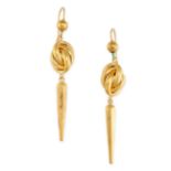 A PAIR OF ANTIQUE LOVERS KNOT DROP EARRINGS in yellow gold, in the Etruscan revival manner, the