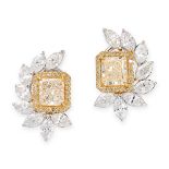 A PAIR OF YELLOW DIAMOND AND DIAMOND EARRINGS each set with a radiant cut yellow diamond, within