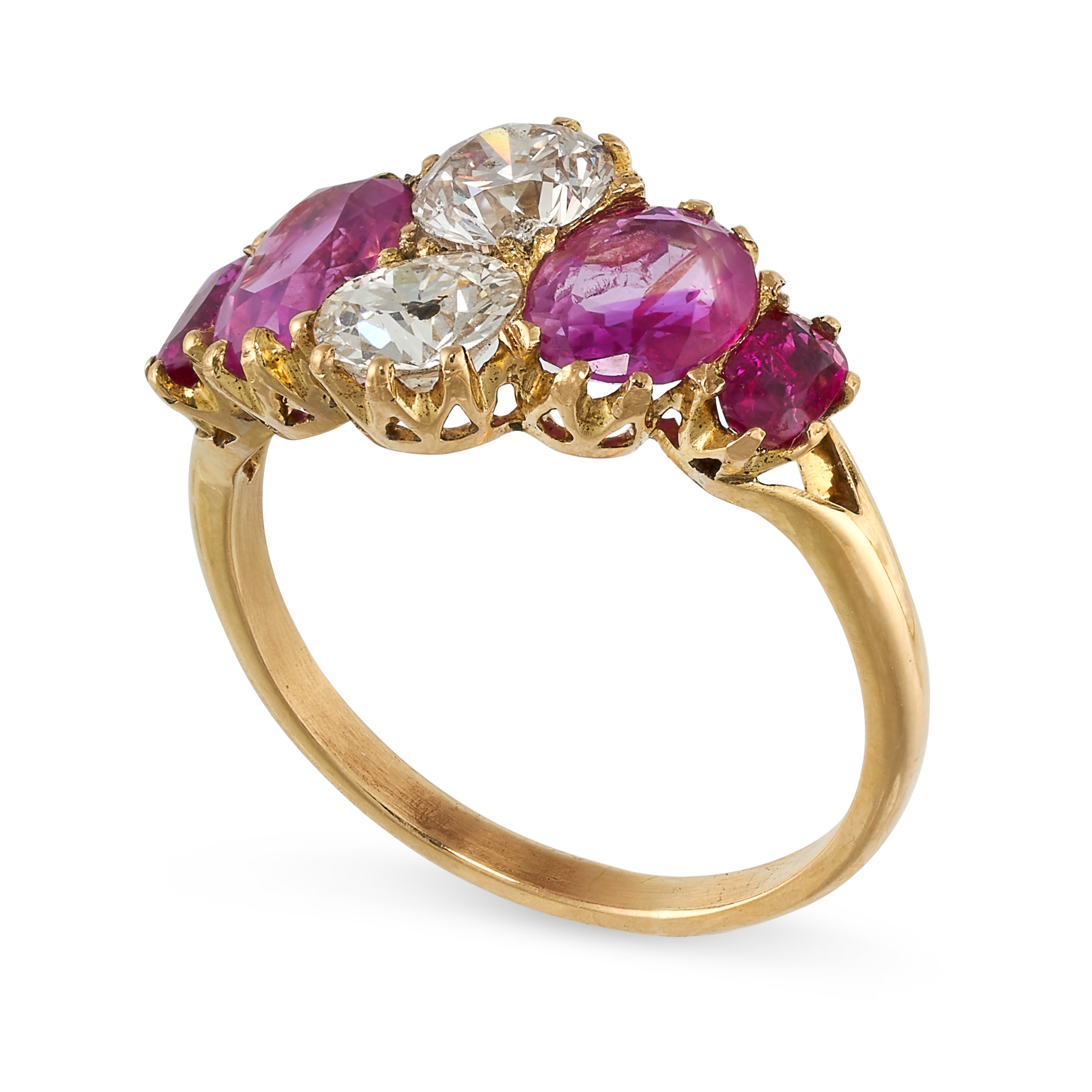 A BURMA NO HEAT RUBY, PINK SAPPHIRE AND DIAMOND RING in yellow gold, set with three graduated - Image 2 of 2