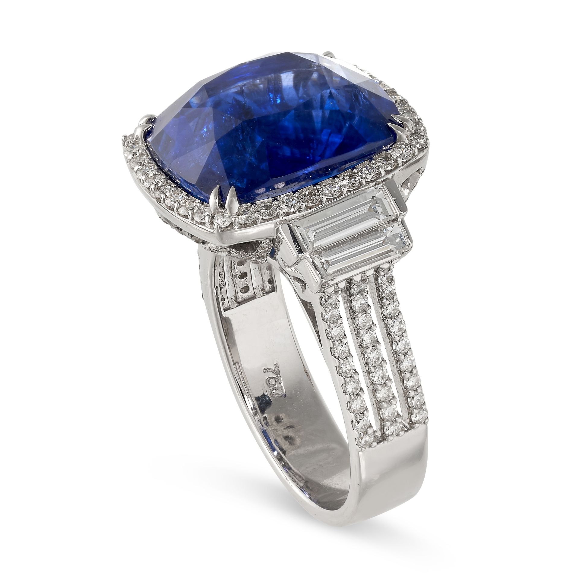 A LARGE SAPPHIRE AND DIAMOND RING in 18ct white gold, set with a cushion cut blue sapphire of 14. - Image 2 of 2