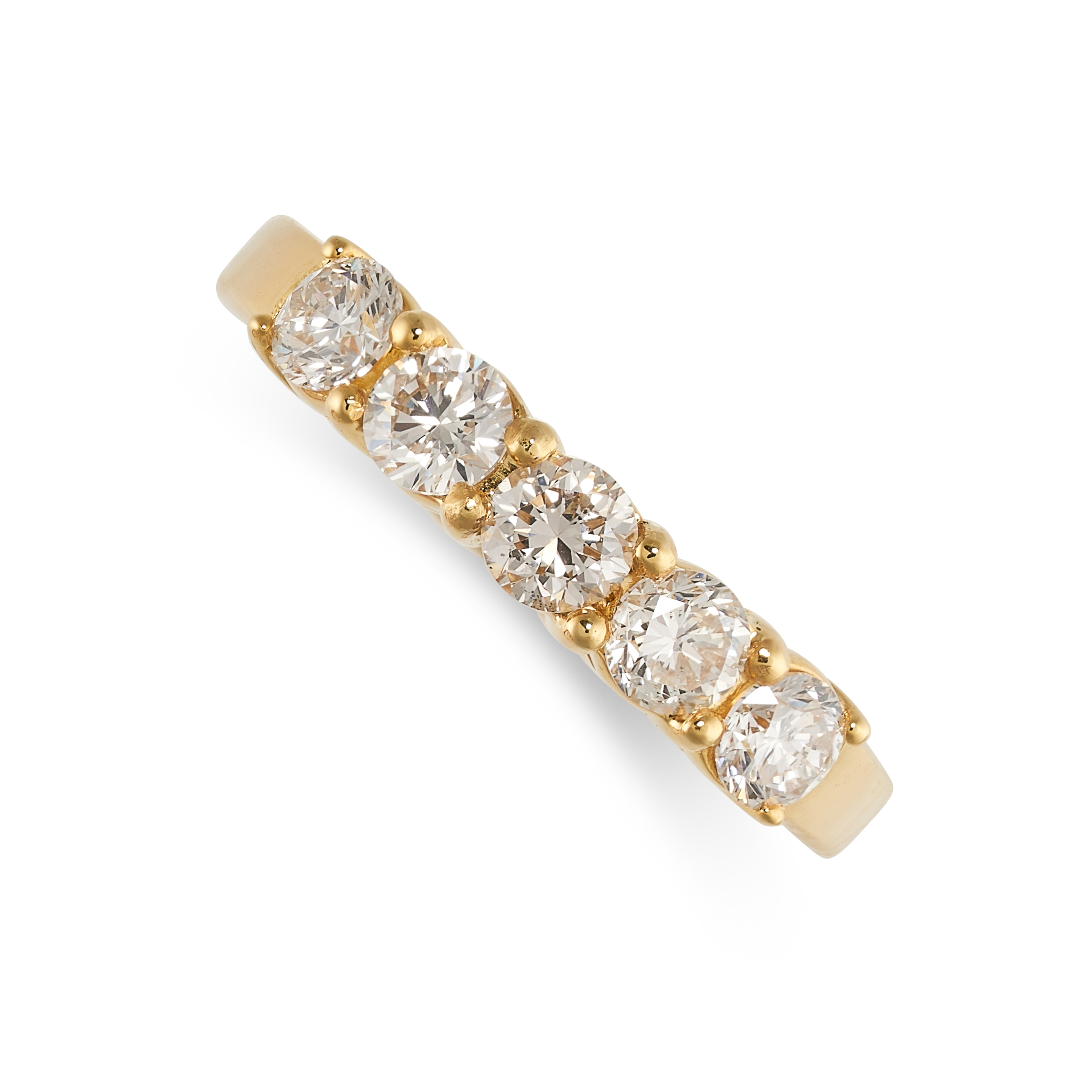 A DIAMOND SEVEN STONE RING in 18ct yellow gold, the band set with seven round cut diamonds, the