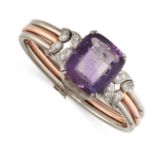 AN AMETHYST INTAGLIO AND DIAMOND BANGLE in 14ct white gold and rose gold, set with a cushion