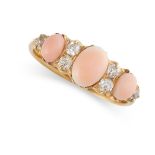 AN ANTIQUE CORAL AND DIAMOND DRESS RING in yellow gold, set with a trio of oval cabochon coral,