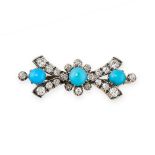 AN ANTIQUE TURQUOISE AND DIAMOND BROOCH, 19TH CENTURY in yellow gold and silver, set with a trio