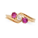 AN ANTIQUE DIAMOND AND RUBY RING, CIRCA 1900 in 18ct yellow gold, the twisted band set with an old