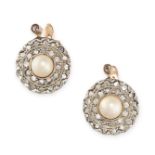 A PAIR OF PEARL AND DIAMOND EARRINGS in yellow gold and silver, each set with a synthetic pearl of