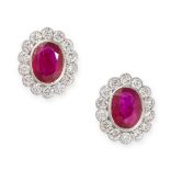 A PAIR OF RUBY AND DIAMOND CLUSTER EARRINGS in 18ct white gold, each set with an oval cut ruby, both