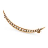 AN ANTIQUE PEARL CRESCENT MOON BROOCH in yellow gold, designed as a crescent moon, set with a row of