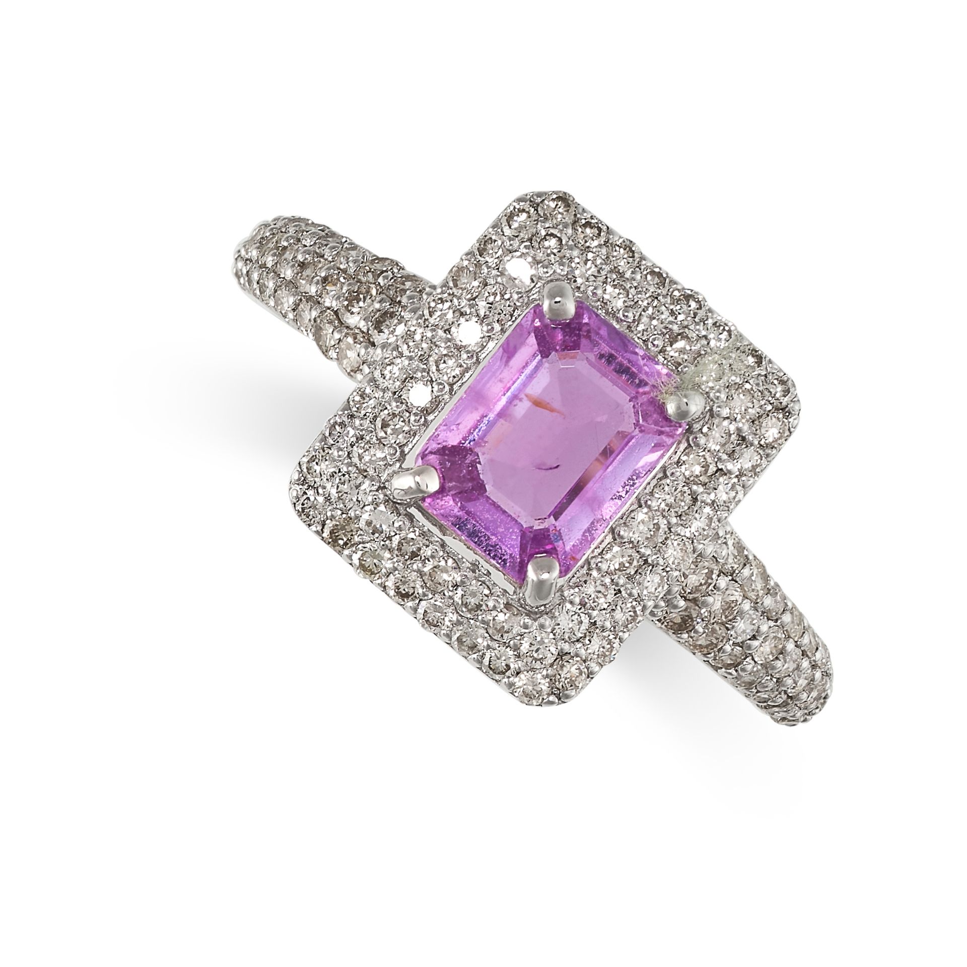 A PINK SAPPHIRE AND DIAMOND RING in 18ct white gold, set with a step cut pink sapphire of 0.85