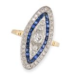 A SAPPHIRE AND DIAMOND DRESS RING the navette shaped face set with an old European brilliant cut