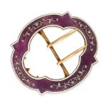 AN ANTIQUE FRENCH DIAMOND AND ENAMEL BELT BUCKLE, CIRCA 1905 in gilded silver, the stylised oval