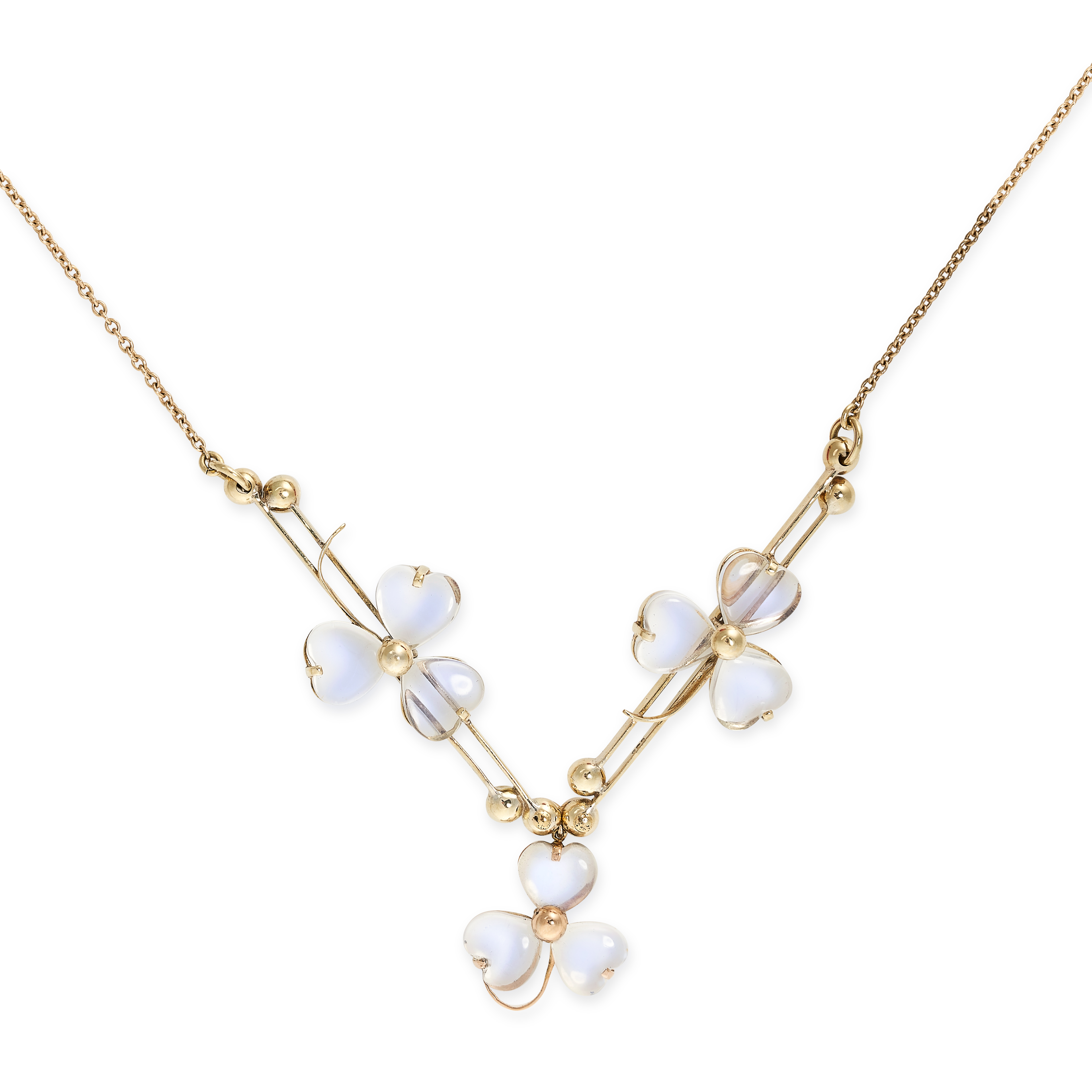 A VINTAGE MOONSTONE SHAMROCK NECKLACE in 14ct yellow gold, formed of baton links applied with and