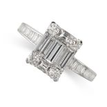 A DIAMOND DRESS RING in 18ct white gold, the face set with baguette cut and round brilliant cut