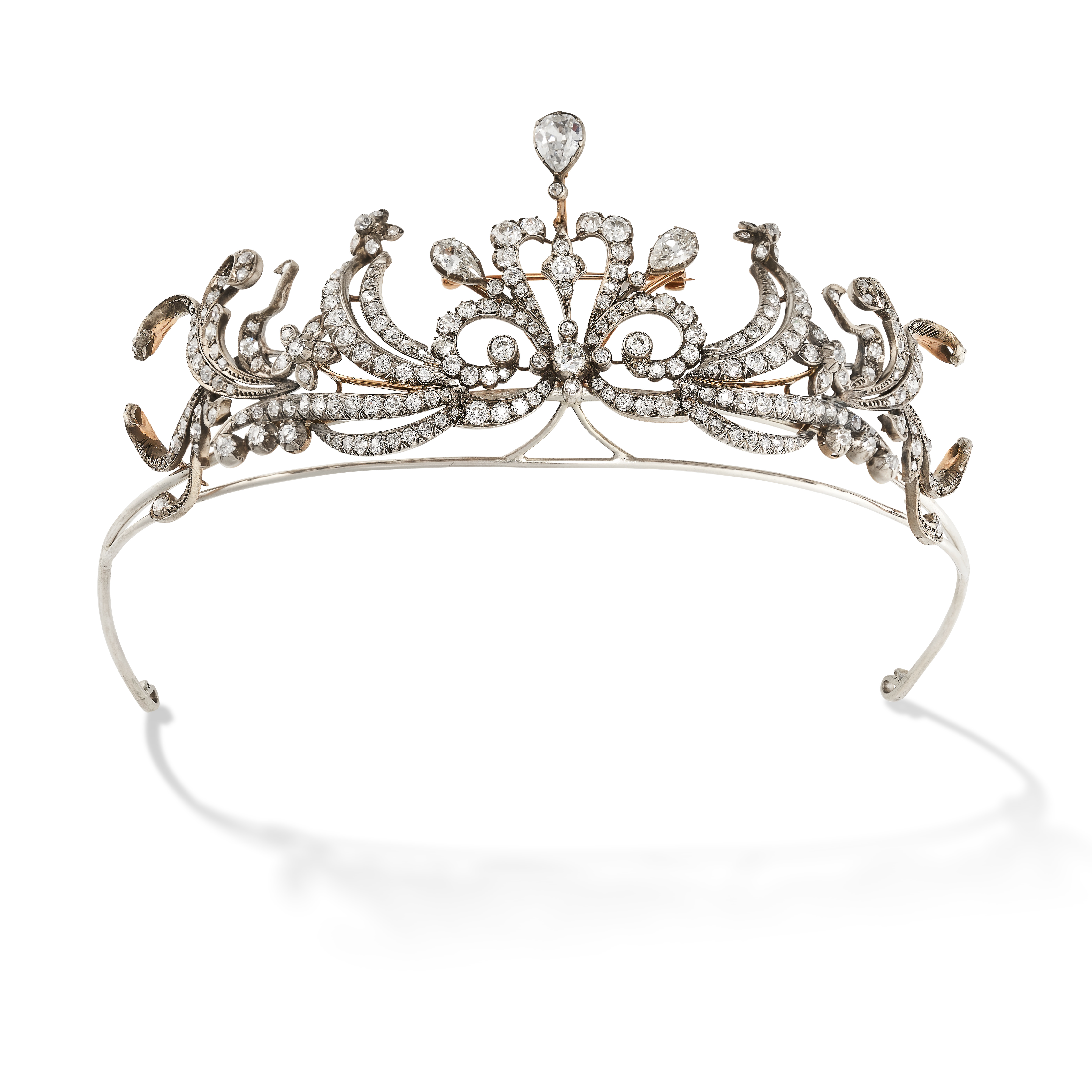 A FINE ANTIQUE DIAMOND TIARA in yellow gold and silver, the scrolling foliate body jewelled