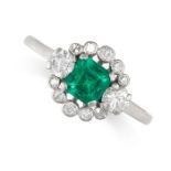 AN EMERALD AND DIAMOND CLUSTER RING, MID 20TH CENTURY Step-cut emerald, approximately 0.56 carats