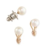 NO RESERVE - A PAIR OF PEARL EARRINGS AND A PEARL PIN  Pearls, (cultured) 8mm  Earrings stamped 14K