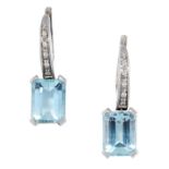 A PAIR OF AQUAMARINE AND DIAMOND EARRINGS Hook and clip fittings Step-cut aquamarines, approximate