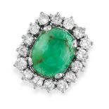 NO RESERVE - AN EMERALD AND DIAMOND CLUSTER RING  Cabochon emerald, approximately 5.10 carats