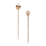 NO RESERVE - A PAIR OF ANTIQUE STICK / TIE PIN BROOCHES One set with a cabochon opal between