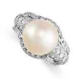 NO RESERVE - A RETRO PEARL AND DIAMOND RING  Pearl, 11.2mm  Round and single-cut diamonds,