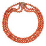 NO RESERVE - A THREE STRAND CORAL BEAD NECKLACE  Coral beads, 6.5mm  No assay marks  Longest