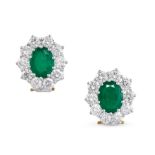 A PAIR OF EMERALD AND DIAMOND CLUSTER EARRINGS  Post and clip fitting  Oval-cut emeralds, total 3.60