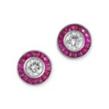 A PAIR OF RUBY AND DIAMOND TARGET EARRINGS  Brilliant-cut diamonds  Calibre-cut rubies  No assay