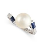 NO RESERVE - A PEARL AND SAPPHIRE DRESS RING  Pearl, (cultured) 8.6mm  Step-cut sapphires  Stamped
