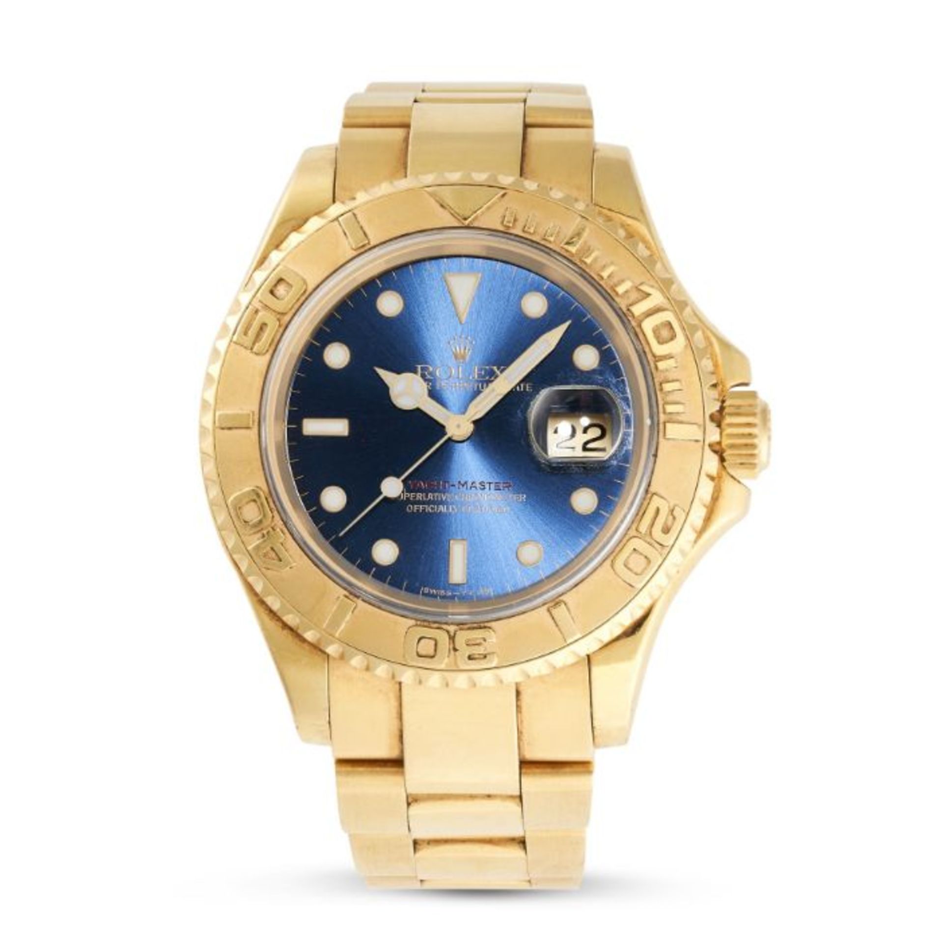 ROLEX AN 18 CARAT GOLD YACHT MASTER WRISTWATCH  Deep blue engine-turned dial, dot and baton