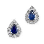 A PAIR OF SAPPHIRE AND DIAMOND STUD EARRINGS  Cluster design, post and butterfly fittings  Pear