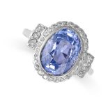 A CEYLON NO HEAT SAPPHIRE AND DIAMOND RING  Oval sapphire, 4.31 carats  Circular-cut diamonds