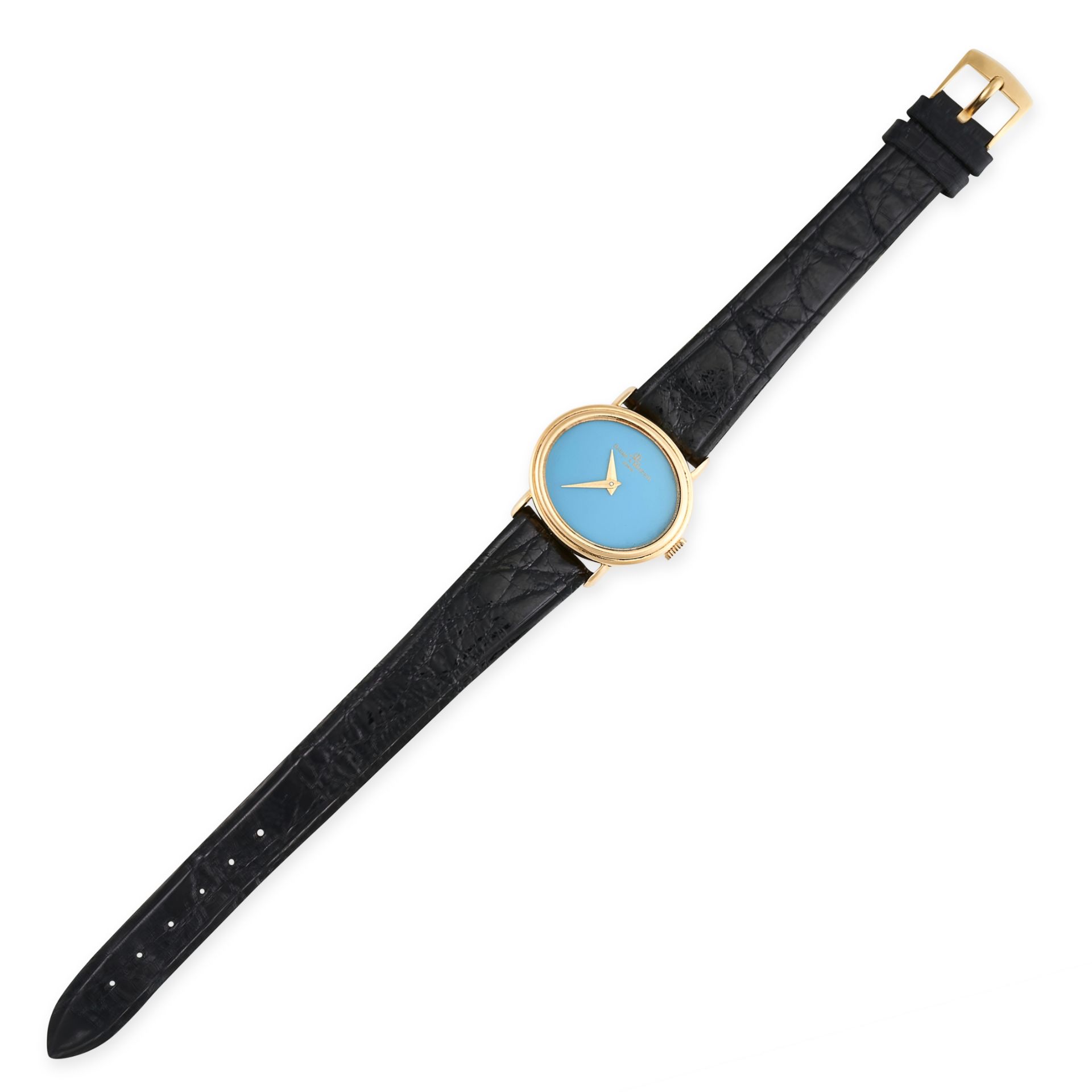 BAUME & MERCIER, 18 CARAT GOLD AND RECONSTITUTED TURQUOISE WRIST WATCH  Manual winding movement,