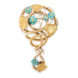 ANTIQUE TURQUOISE BROOCH, 19TH CENTURY in yellow gold, formed of leaves and vines, accented by