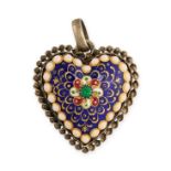 AN ANTIQUE ENAMEL AND PASTE LOCKET PENDANT in silver, designed as a heart, the hinged body with red,