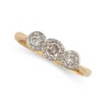 A DIAMOND THREE STONE RING, EARLY 20TH CENTURY in 18ct yellow gold and platinum, set with a trio