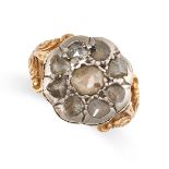 A DIAMOND CLUSTER RING in high carat yellow gold and silver, the scalloped face set with rose cut