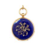 AN ANTIQUE DIAMOND AND BLUE ENAMEL POCKET WATCH in 18ct yellow gold, the circular case with blue