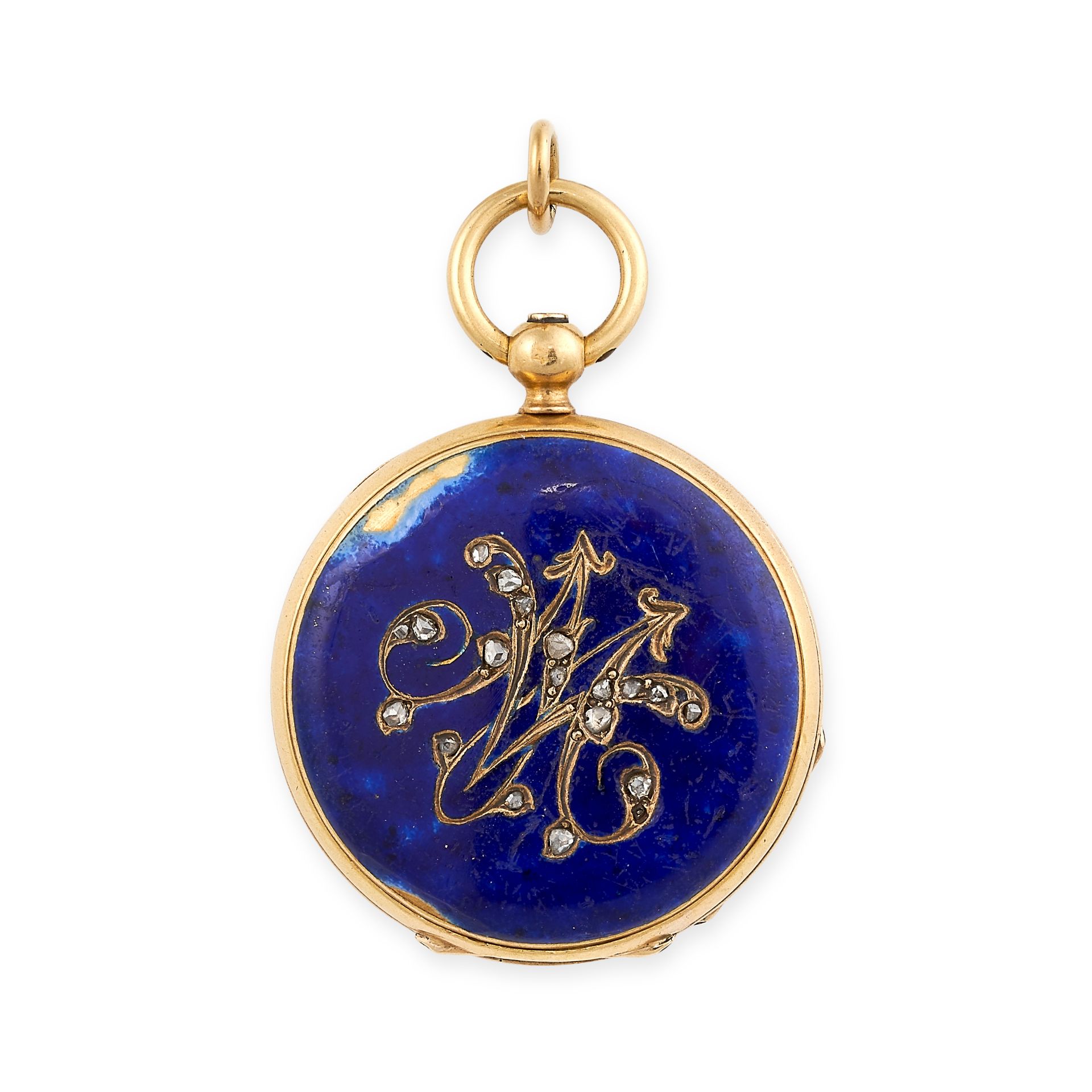 AN ANTIQUE DIAMOND AND BLUE ENAMEL POCKET WATCH in 18ct yellow gold, the circular case with blue