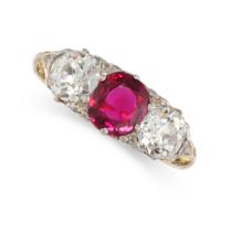 A FINE UNHEATED RUBY AND DIAMOND RING in 18ct yellow gold and platinum, set with a cushion cut