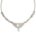 AN ANTIQUE AQUAMARINE AND DIAMOND NECKLACE in yellow gold and silver, set with a central oval cut