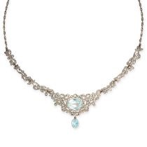 AN ANTIQUE AQUAMARINE AND DIAMOND NECKLACE in yellow gold and silver, set with a central oval cut