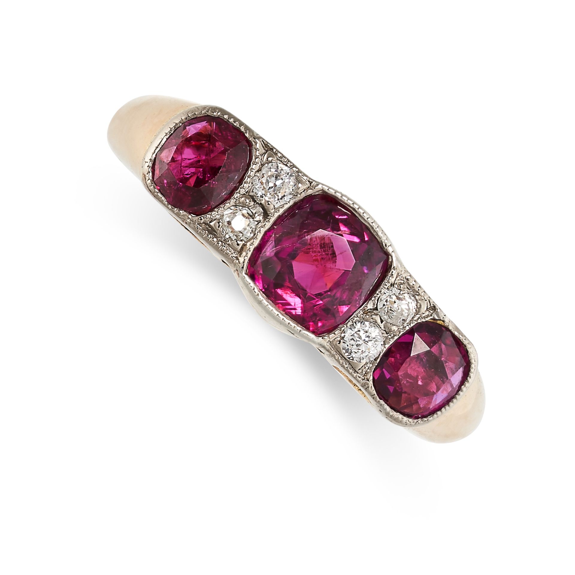 A RUBY AND DIAMOND RING set with alternating cushion cut rubies and cushion cut diamonds, the rubies