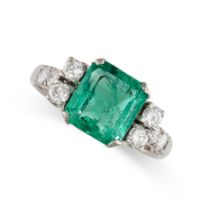 A COLOMBIAN EMERALD AND DIAMOND RING in 18ct white gold, set with an octagonal cut emerald of 1.47