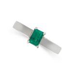 AN EMERALD DRESS RING in 18ct white gold, the band set with a step cut emerald, full British