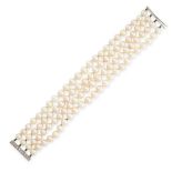 A PEARL AND DIAMOND BRACELET in 18ct white gold, comprising of four rows of cultured pearls, the