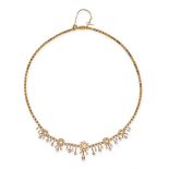 AN ANTIQUE PEARL FRINGE NECKLACE in 15ct yellow gold, the front with floral links set with pearls