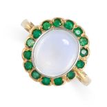 A MOONSTONE AND EMERALD CLUSTER RING in 18ct yellow gold, set with a cabochon moonstone in a cluster