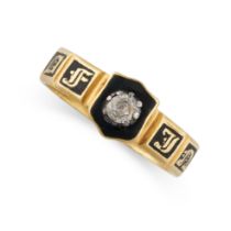 AN ANTIQUE WILLIAM IV DIAMOND AND ENAMEL MOURNING RING, 1836 in 18ct yellow gold, the band set to